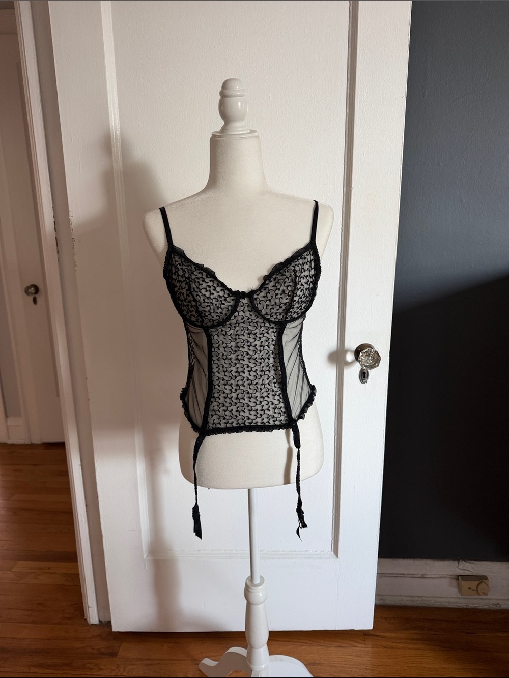 Frederick's of Hollywood Black Sheer Lace Bustier with Garter Tabs